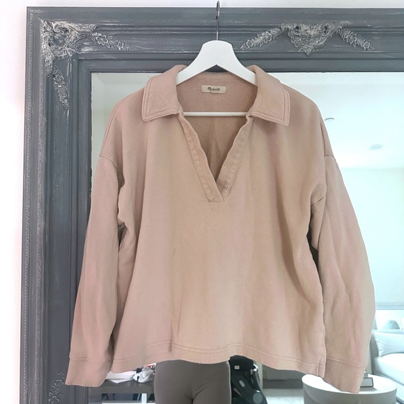 MADEWELL Cotton-Hemp Oversized Polo Sweatshirt in Avalon‎ Pink XXS - Picture 6 of 12